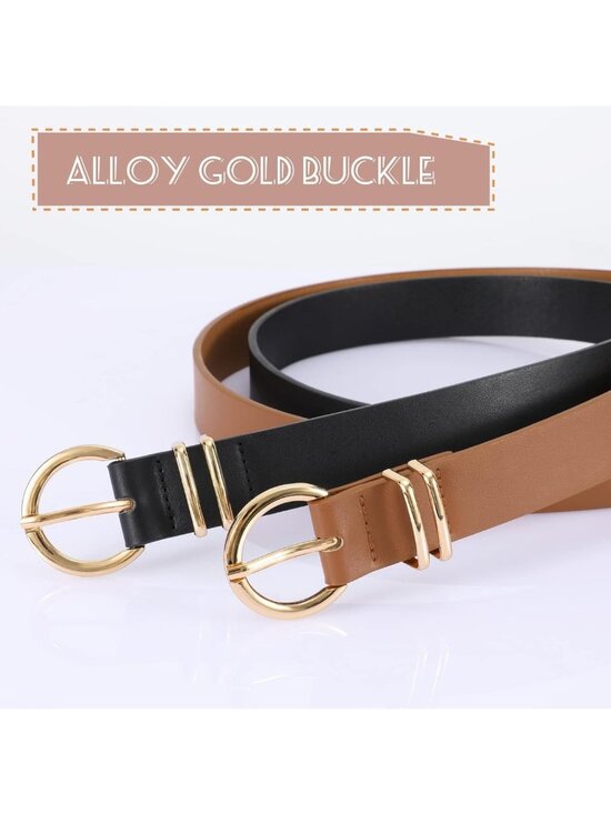Stylish 2-Pack Women\'s Leather Belts with Gold Buckle for Jeans & Dresses